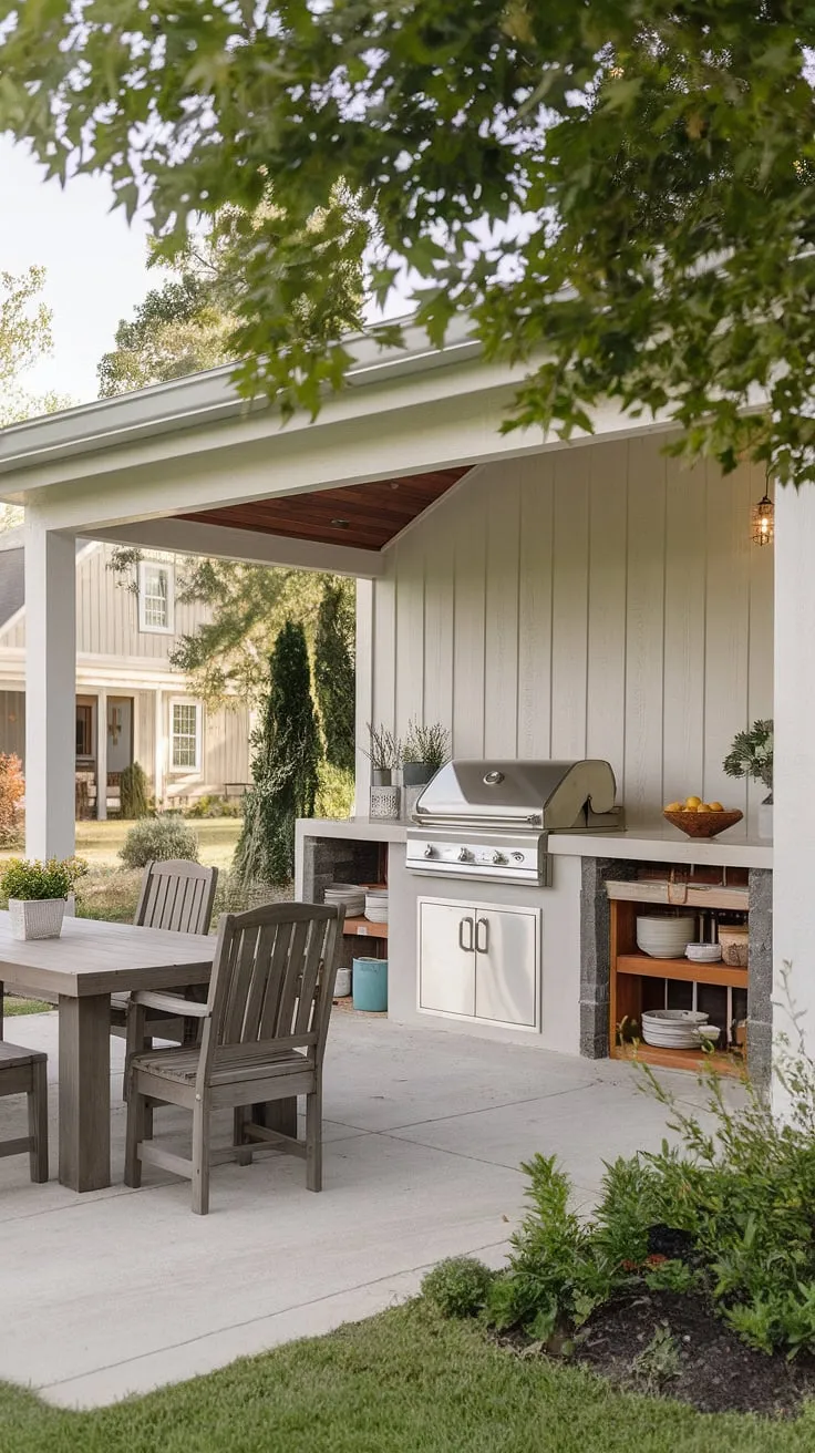 This idyllic farmhouse patio, complete with a covered grill and outdoor kitchen, is the epitome of A peaceful retreat. A wooden table and chairs beckon for al fresco dining amidst the lush greenery, offering A perfect blend of rustic charm and modern comfort.