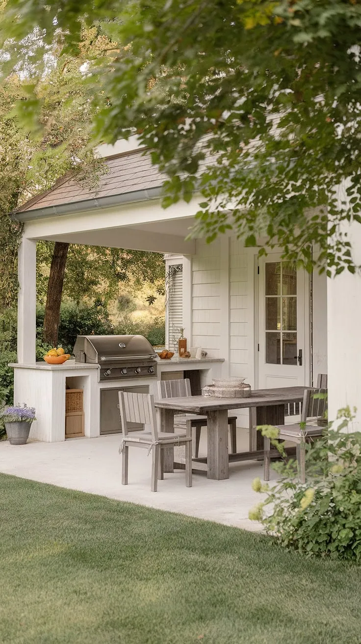 Imagine yourself unwinding on this charming farmhouse patio. A stone's throw from the house, the covered outdoor kitchen beckons with the promise of delicious meals prepared under the open sky. Surrounded by nature's beauty, it's the perfect setting for creating lasting memories. A dream come true for any home chef.