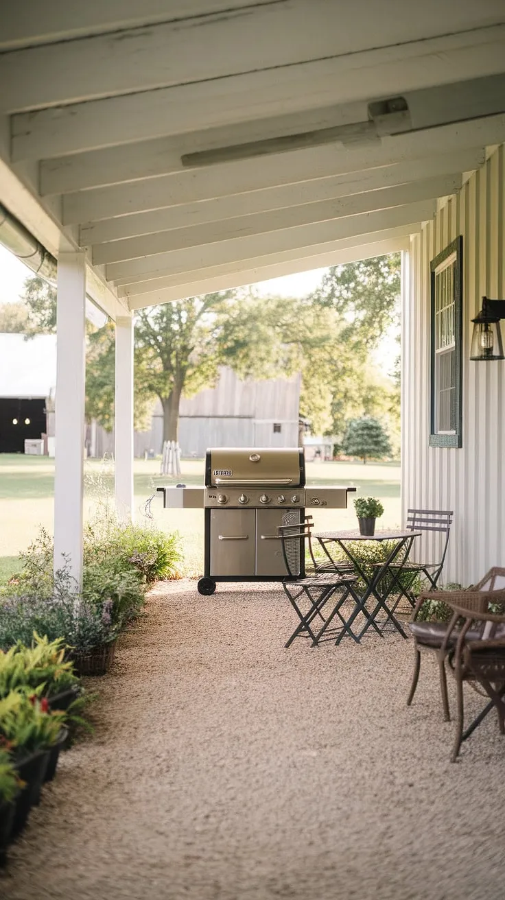 A tranquil escape awaits on this gravel patio. The covered area offers respite from the sun, while the grill beckons with the promise of delicious meals. Surrounded by the peaceful sounds of nature and the comforting sight of the barn, this is A true haven.