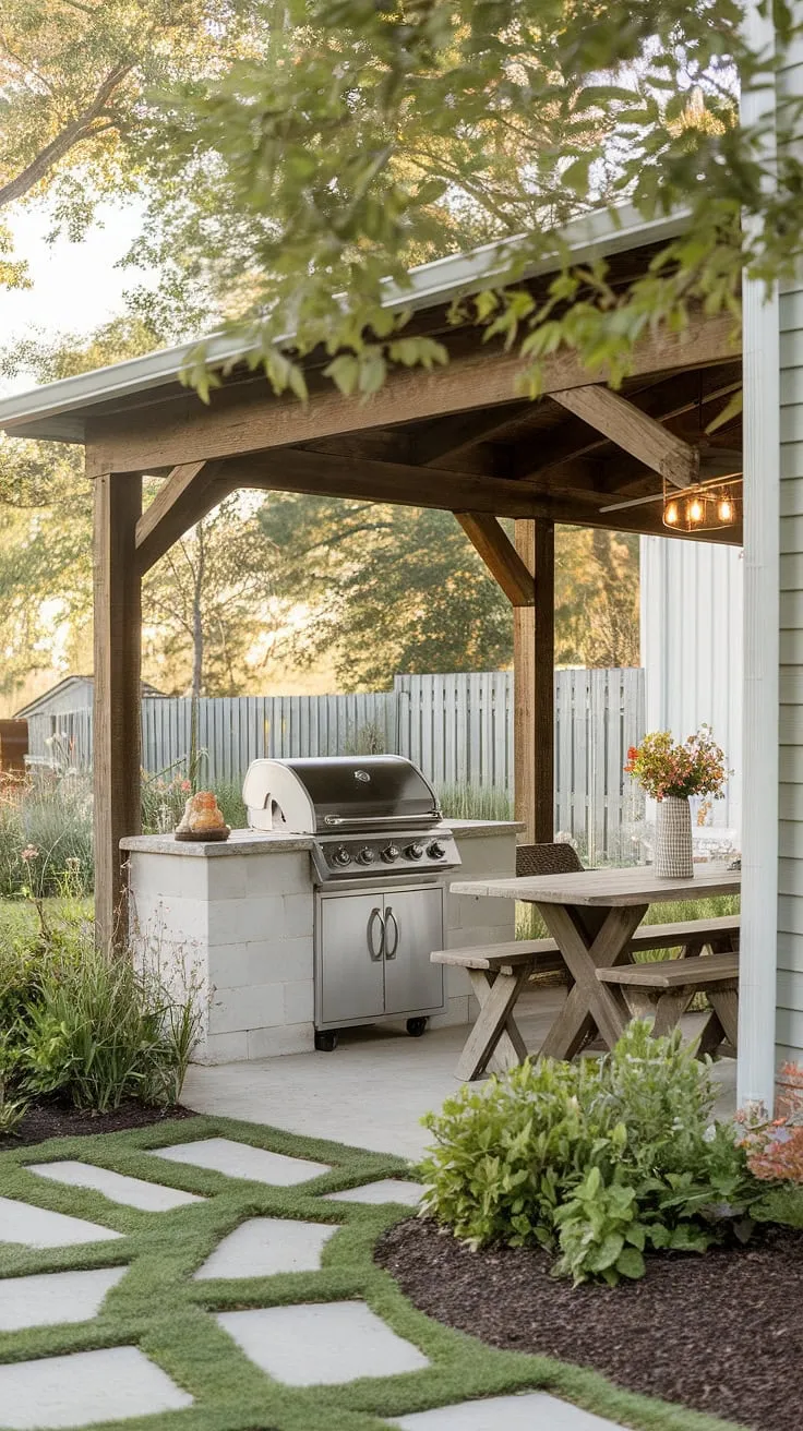 A perfect blend of rustic charm and modern comfort, this farmhouse patio offers the ideal setting for A memorable summer gathering. The covered area, complete with grill and dining table, promises delicious food and delightful conversation amidst the lush greenery.
