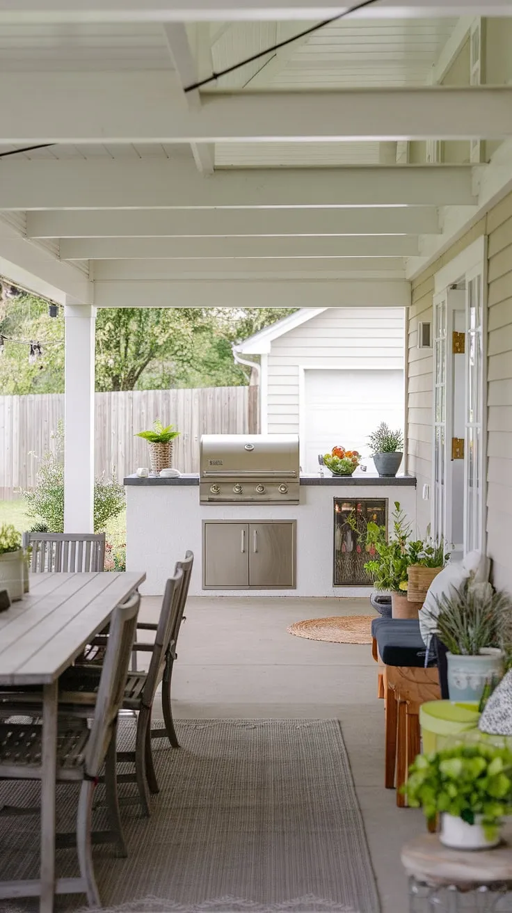 Imagine evenings spent grilling on this idyllic farmhouse patio. The outdoor kitchen and dining area create a seamless flow, perfect for hosting gatherings or simply enjoying a quiet meal surrounded by the serene beauty of the countryside. A true escape.