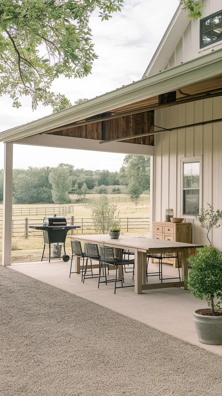 A tranquil escape awaits on this charming farmhouse patio. The covered area provides shade and shelter, while the spacious wooden table and comfortable chairs invite conversation and laughter. A grill stands ready for summer feasts, and the surrounding landscape offers a picturesque backdrop. A true haven for relaxation and outdoor living.