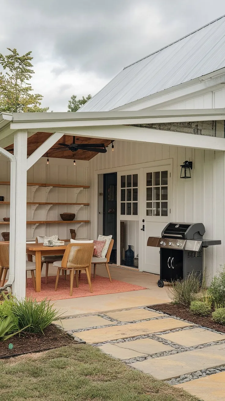 Imagine yourself unwinding on this idyllic farmhouse patio. A stone-laid patio, shaded seating area, and convenient grill make it ideal for entertaining. The rustic wooden table and chairs, complemented by a soft rug and lush greenery, create a tranquil atmosphere. A perfect blend of style and functionality.