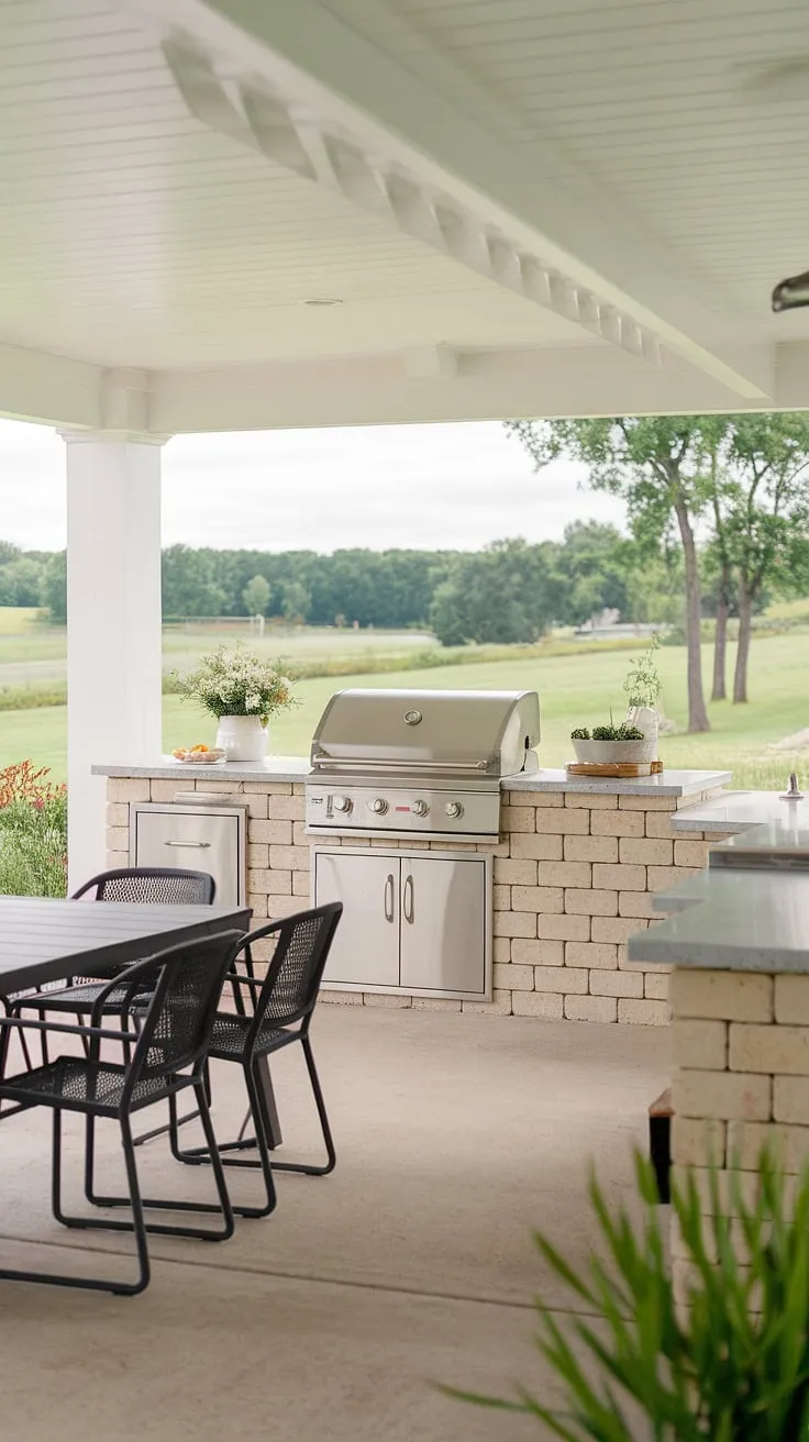 Gather 'round the table on this charming farmhouse patio. A covered outdoor kitchen, complete with grill and sink, makes entertaining a breeze. Enjoy the serene landscape and create lasting memories in this idyllic A-frame setting. A dream come true.