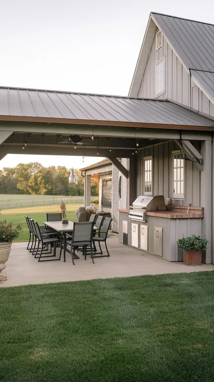 Imagine A warm summer evening spent on this idyllic farmhouse patio. The outdoor kitchen beckons with the promise of A grilled feast, enjoyed at the charming dining table under the covered area, all surrounded by the tranquility of A sprawling green lawn.