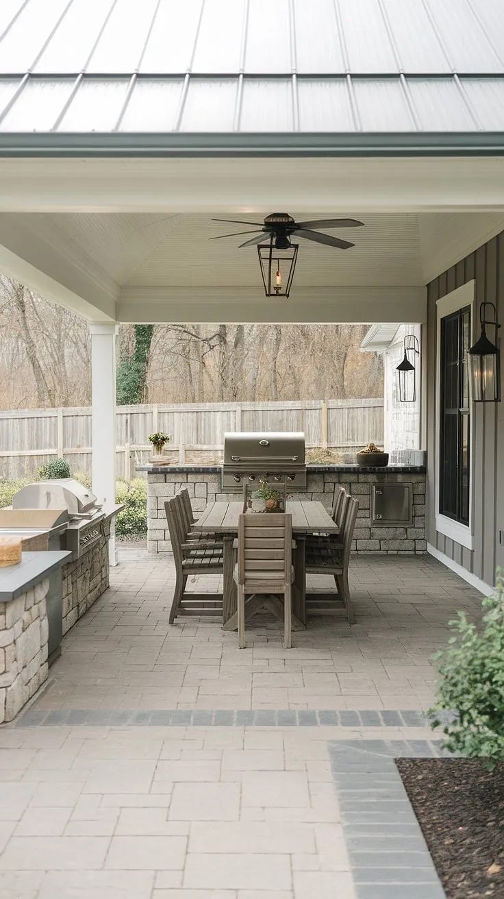 Rustic charm meets outdoor bliss. This farmhouse-style patio, complete with a stone paver floor, outdoor kitchen, and ample seating, is the perfect place to enjoy A relaxing evening with family and friends. The serene ambiance and surrounding nature create A truly unforgettable outdoor living experience.