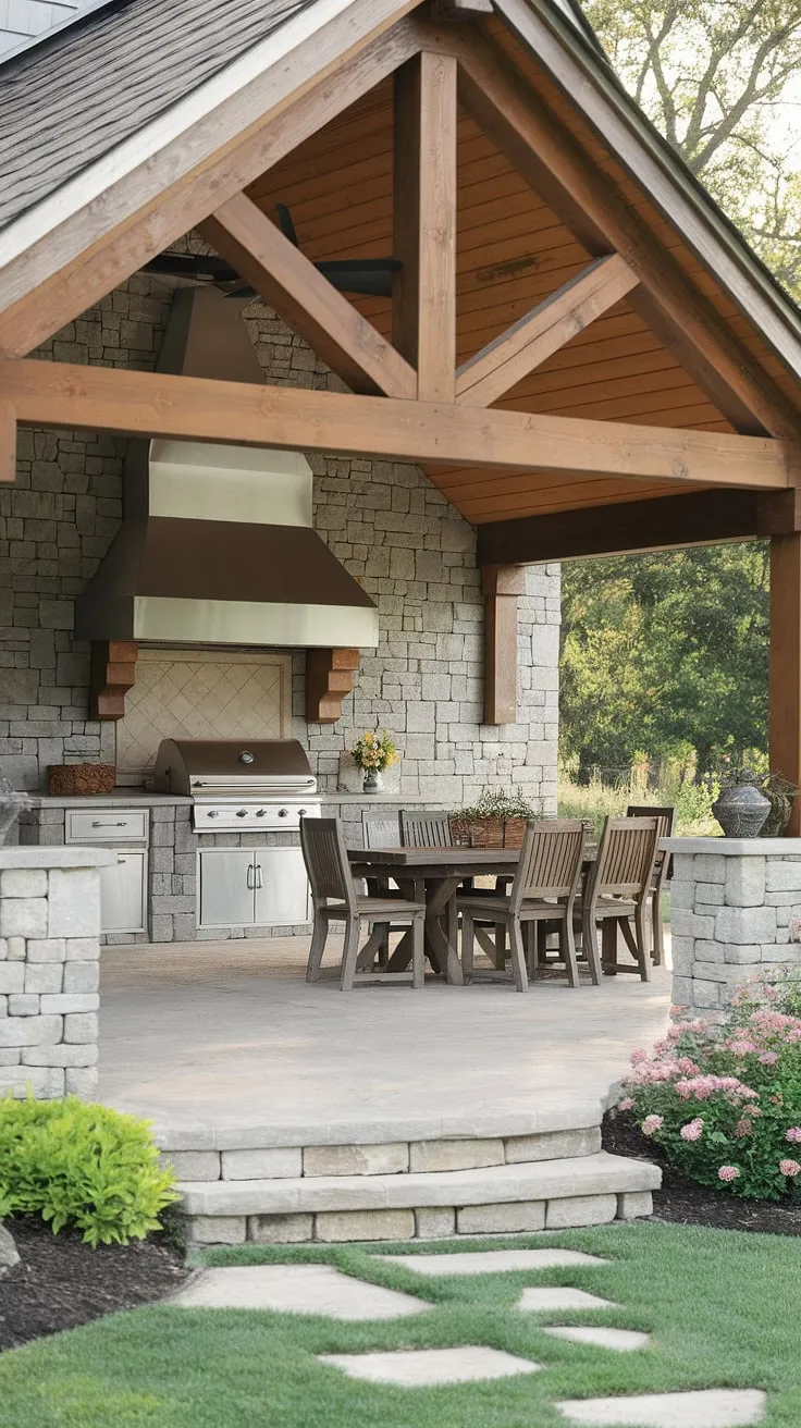 Imagine evenings spent grilling delicious meals on this expansive outdoor kitchen, under the shade of a rustic wooden roof. The stone patio, surrounded by a vibrant garden, provides a serene and inviting atmosphere for family and friends to gather. A perfect blend of comfort and style.
