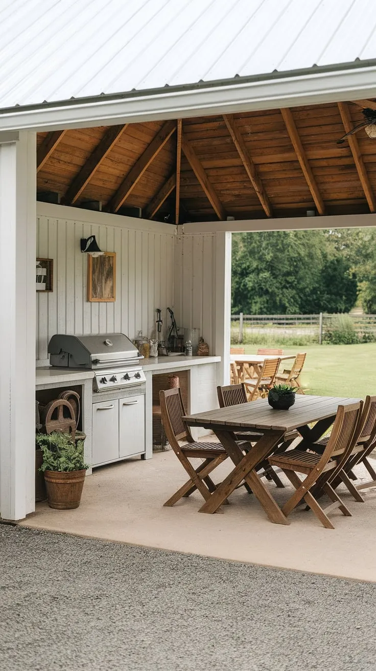 Imagine evenings spent grilling on this idyllic farmhouse patio. The covered cooking area, complete with all the essentials, overlooks a serene landscape, while a rustic wooden table provides A welcoming space for al fresco dining under the open sky.