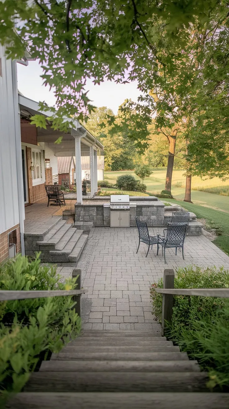 Escape to this idyllic farmhouse patio, where the scent of grilling delights mingles with the fresh country air. The covered area offers respite from the sun, while the surrounding greenery creates a tranquil oasis perfect for relaxation. A perfect blend of rustic charm and modern comfort awaits.