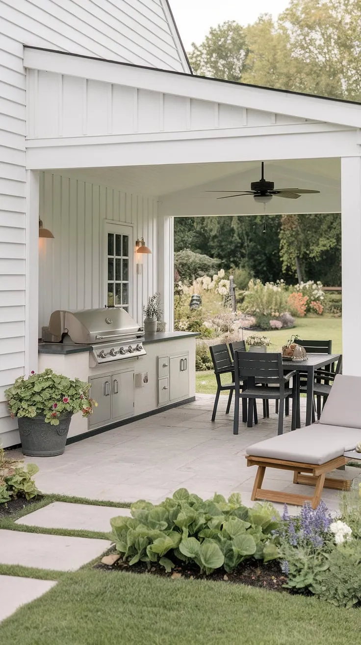 Indulge in al fresco dining and effortless entertaining. This idyllic farmhouse patio, featuring a fully equipped outdoor kitchen and comfortable seating area, is a testament to A life well-lived. The surrounding garden adds a touch of natural beauty to this perfect outdoor space.