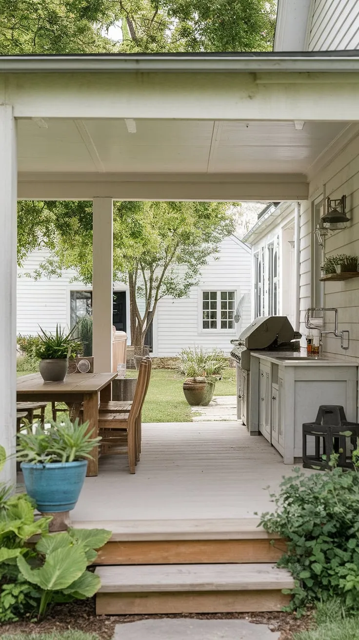 Step onto this farmhouse patio, a tranquil escape where rustic charm meets modern comfort. The covered dining area, complete with a wooden table and lush potted plants, invites leisurely meals, while the nearby outdoor kitchen, equipped with a sink and grill, caters to culinary adventures. A perfect blend of indoor and outdoor living, this space offers a serene retreat from the everyday.