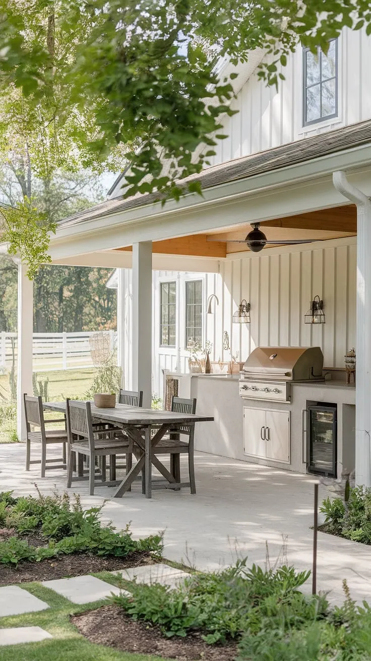 Summer evenings spent on this farmhouse patio are pure bliss. The outdoor kitchen, complete with a grill and sink, makes entertaining a breeze, while the covered area offers respite from the sun. A perfect blend of rustic charm and modern convenience.