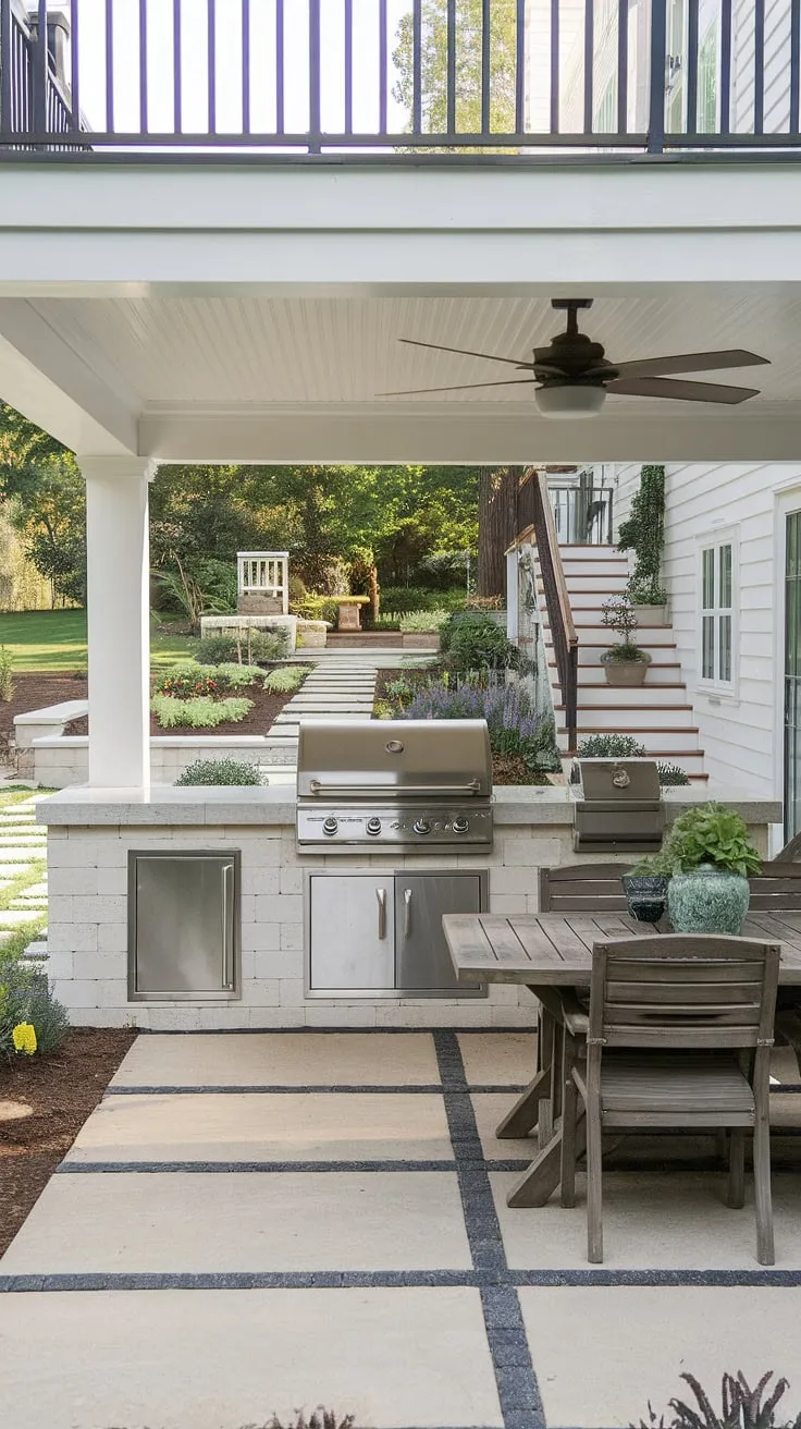 This farmhouse patio is the perfect blend of rustic charm and modern convenience. The covered outdoor kitchen, complete with a grill and ample counter space, makes entertaining a breeze, while the inviting dining area offers a tranquil spot to enjoy meals al fresco. A beautifully landscaped yard and charming staircase leading to an upper level complete this idyllic scene. A truly remarkable space for relaxation and gatherings.