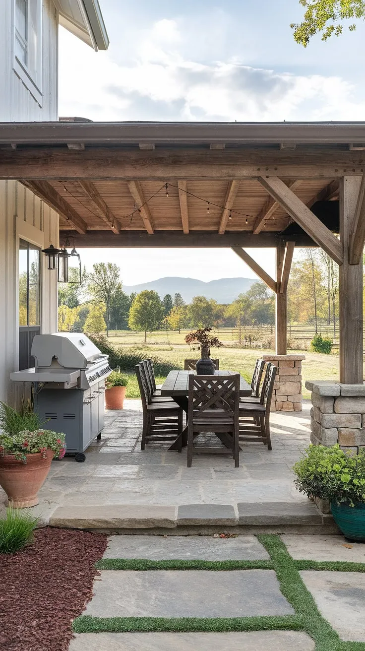 A dream come true. This outdoor patio offers the best of both worlds: a comfortable, covered space for dining and grilling, and stunning views of the surrounding mountains and trees. The stone patio and rustic wooden beams add to the farmhouse's charm, creating a space perfect for relaxation and entertaining. A place to unwind and reconnect with nature.