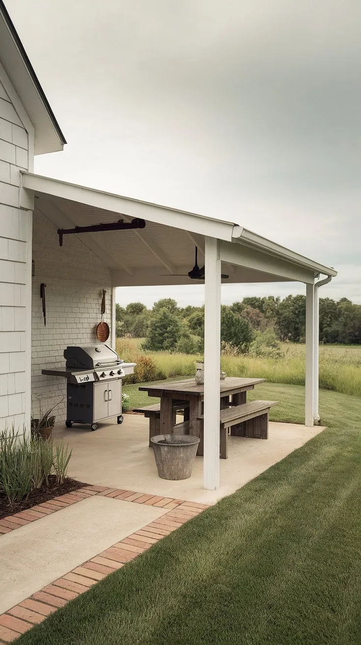 Under a softly overcast sky, this farmhouse patio beckons with the promise of delicious meals and peaceful evenings. The covered cooking area, equipped with a grill and essential utensils, invites culinary creativity. A simple wooden table and chairs offer a comfortable space to gather, while the surrounding lush lawn and brick pathway add to the idyllic ambiance. A true haven for relaxation and outdoor living.
