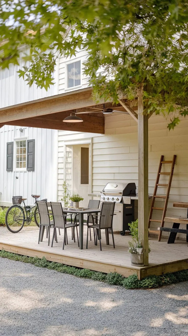 Escape to this idyllic farmhouse patio. A covered area houses a grill and dining set, perfect for hosting gatherings. The weathered wood, gravel path, and lush greenery create a serene atmosphere. A bicycle and ladder add a touch of rustic charm, completing this peaceful outdoor haven. A true testament to simple living and outdoor enjoyment.