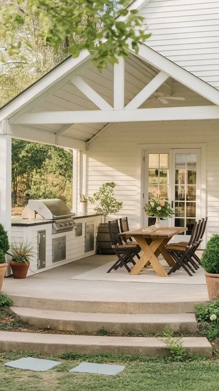 Imagine yourself unwinding on this charming farmhouse patio, the sun warming your face as you dine al fresco. The outdoor kitchen beckons with the promise of delicious meals, while the surrounding greenery creates a serene and inviting atmosphere. A tranquil retreat awaits.