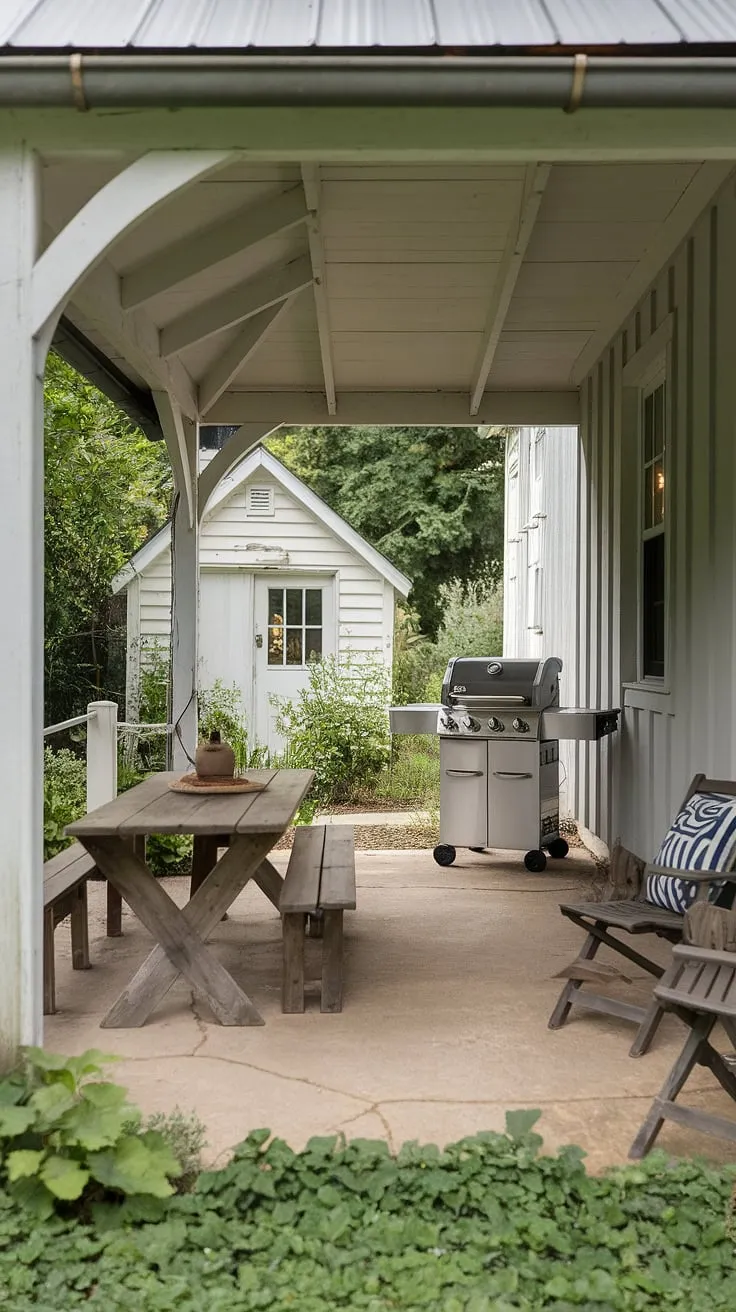Imagine yourself unwinding on this idyllic farmhouse patio. The covered area offers shade from the sun, while the grill promises delicious meals. Surrounded by lush greenery and the charming white cottage, it's the epitome of peaceful country living. A perfect setting for relaxation and creating lasting memories.