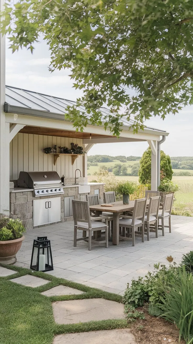 Rustic charm meets modern comfort. This farmhouse patio, complete with a covered grilling and kitchen area, offers the perfect setting for al fresco dining, surrounded by breathtaking countryside views and lush greenery. The stone pavers, wooden dining table, and potted plants create a cozy ambiance, ideal for relaxing evenings and unforgettable gatherings. A true escape.
