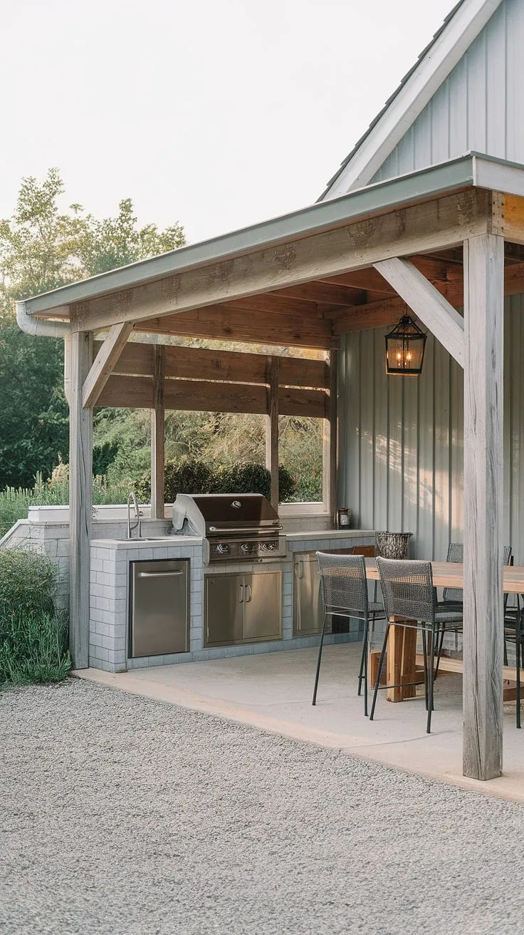 Rustic charm meets outdoor living. This farmhouse patio, complete with a covered area, outdoor kitchen, and charming open-air structure, is the perfect spot for al fresco dining and entertaining. The gravel pathway and surrounding greenery add to the tranquil ambiance, creating a space where memories are made. A perfect blend of comfort and style.