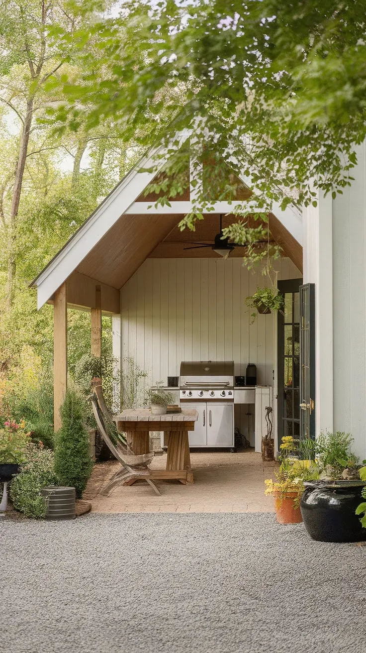 Escape to this serene farmhouse patio, complete with a cozy covered area perfect for grilling and al fresco dining. The lush greenery and gravel pathway create a tranquil atmosphere, ideal for unwinding and enjoying the simple pleasures. A perfect spot for summer evenings.