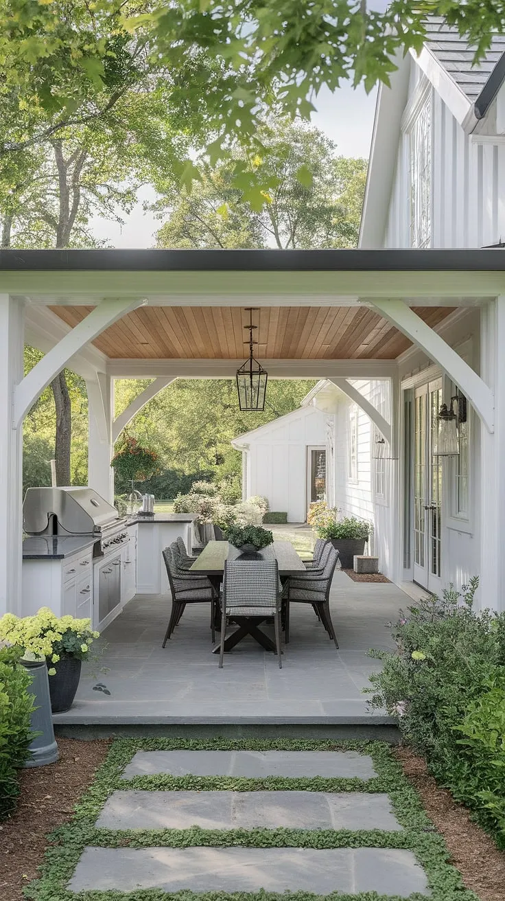 Escape to this idyllic farmhouse patio, where the aroma of grilling delights mingles with the gentle breeze. The covered kitchen area, complete with a large grill and ample seating, provides the perfect setting for al fresco dining and unforgettable moments with loved ones. A serene retreat awaits.