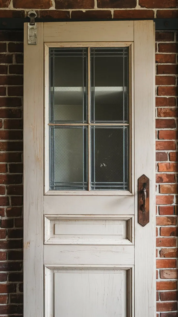 A charming vintage white pantry door with a glass pane, showing its history through subtle scratches, hangs against a dark brick wall.