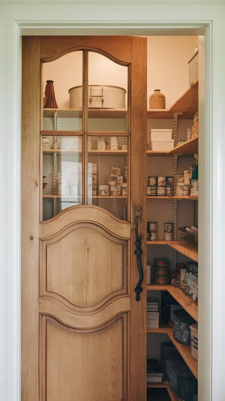 Charming curved wood and glass-paneled farmhouse pantry door reveals a bright, well-stocked interior.