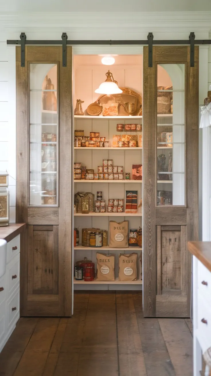 Sunlight streams through a farmhouse pantry door showcasing its organized and inviting contents.