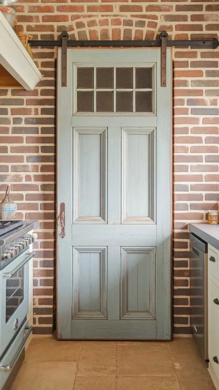 A charming light blue farmhouse pantry door with a glass panel accents a modern kitchen's brick wall and beige tile floor