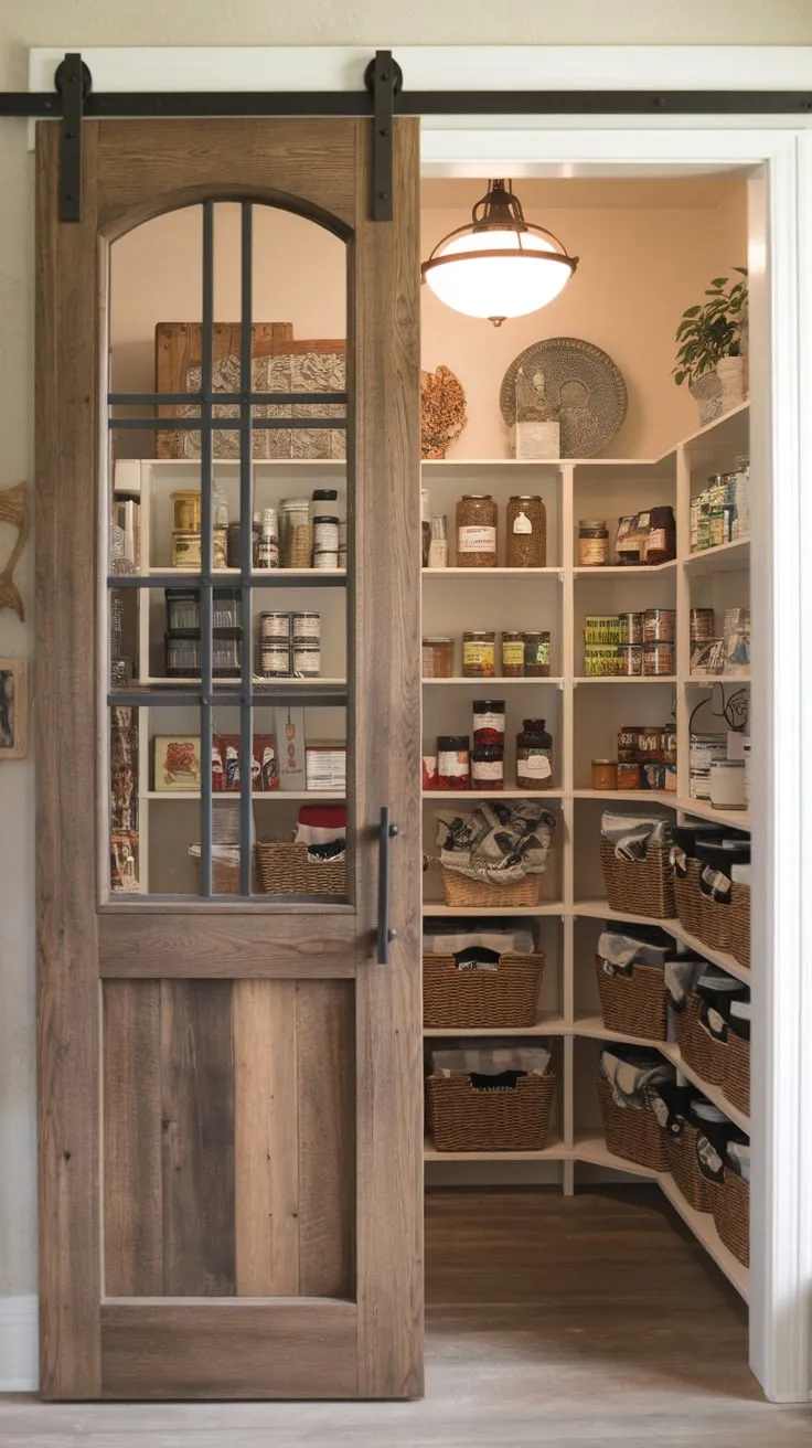 A charming farmhouse pantry boasts a glass-paneled wooden door revealing organized goods under a vintage light fixture
