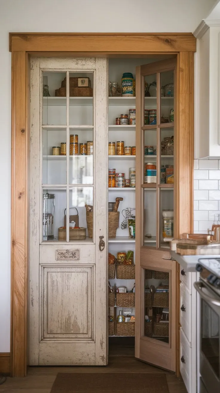 A charming farmhouse pantry boasts both a rustic wooden door and a glass-paned door, showcasing organized food storage within a cozy kitchen setting