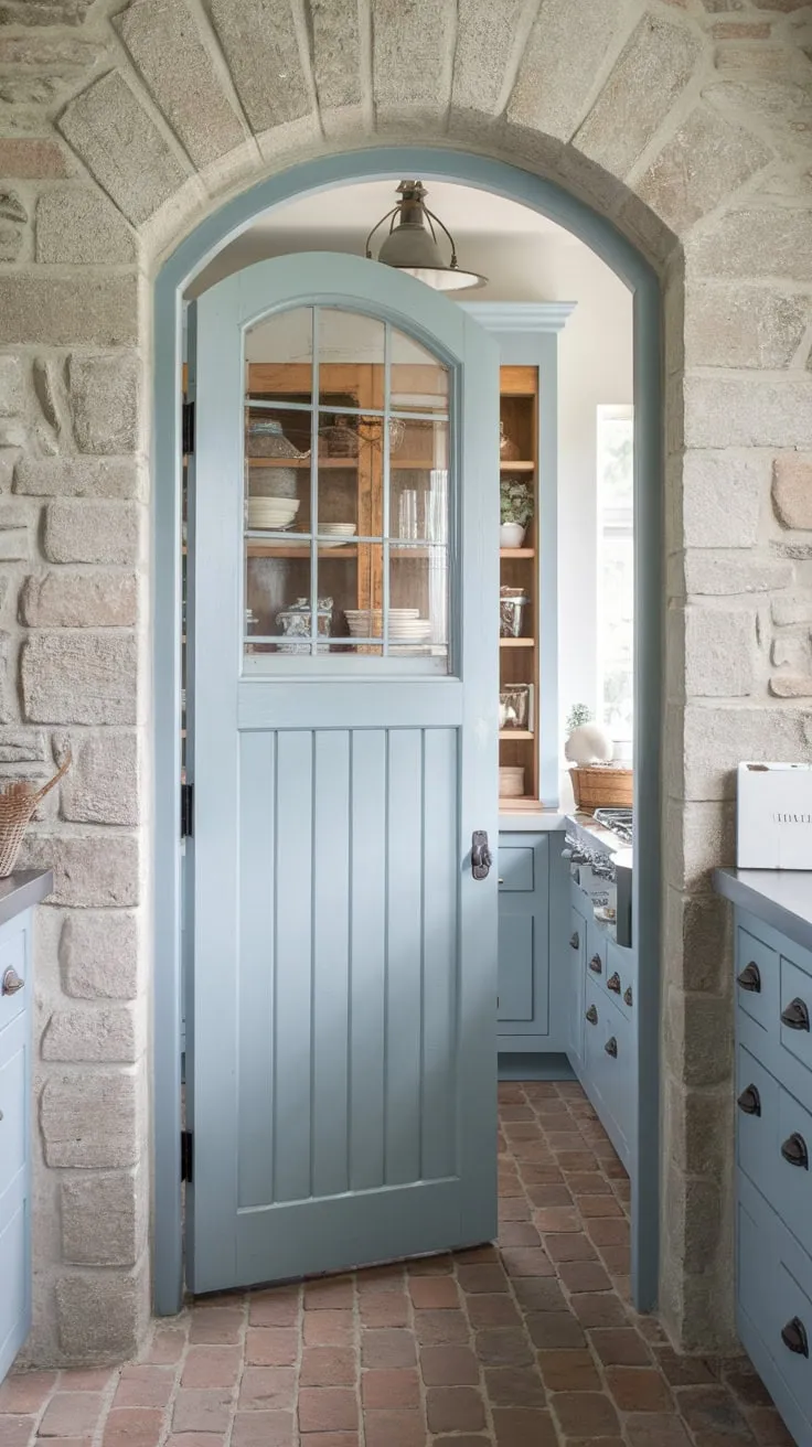A charming light blue farmhouse pantry door with glass accents, nestled in a stone archway above brick floors and illuminated by a vintage light fixture, defines this kitchen's rustic elegance