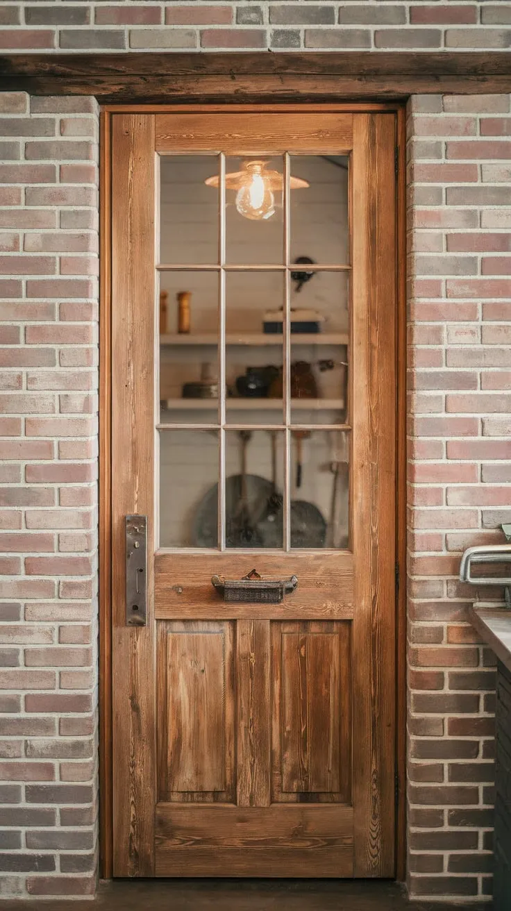 Distressed wood and a glass paneled farmhouse pantry door, nestled in a brick wall, evokes a charming vintage kitchen aesthetic.