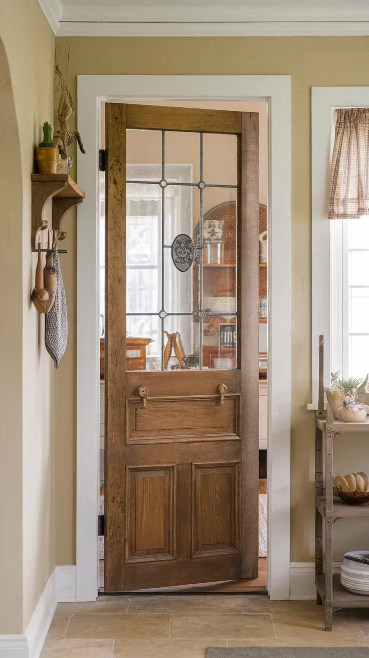 Glimpsed through a vintage pantry door's glass, a farmhouse kitchen's warmth and rustic charm beckon.