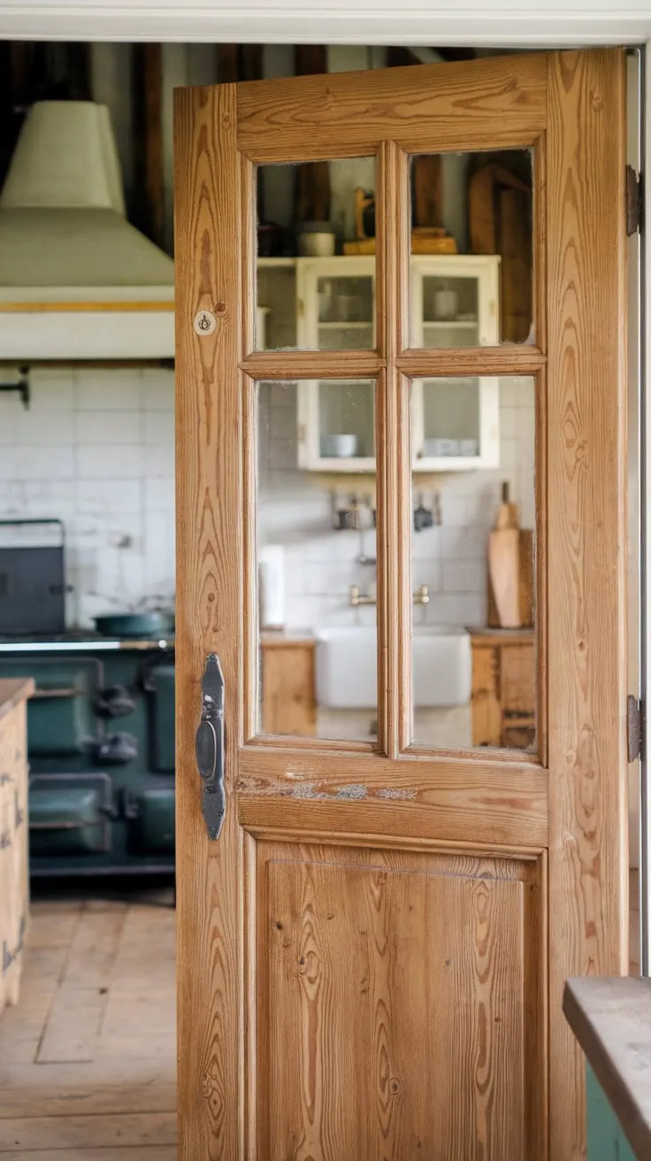 Rustic charm meets vintage style in this farmhouse kitchen's glass-paneled pantry door.