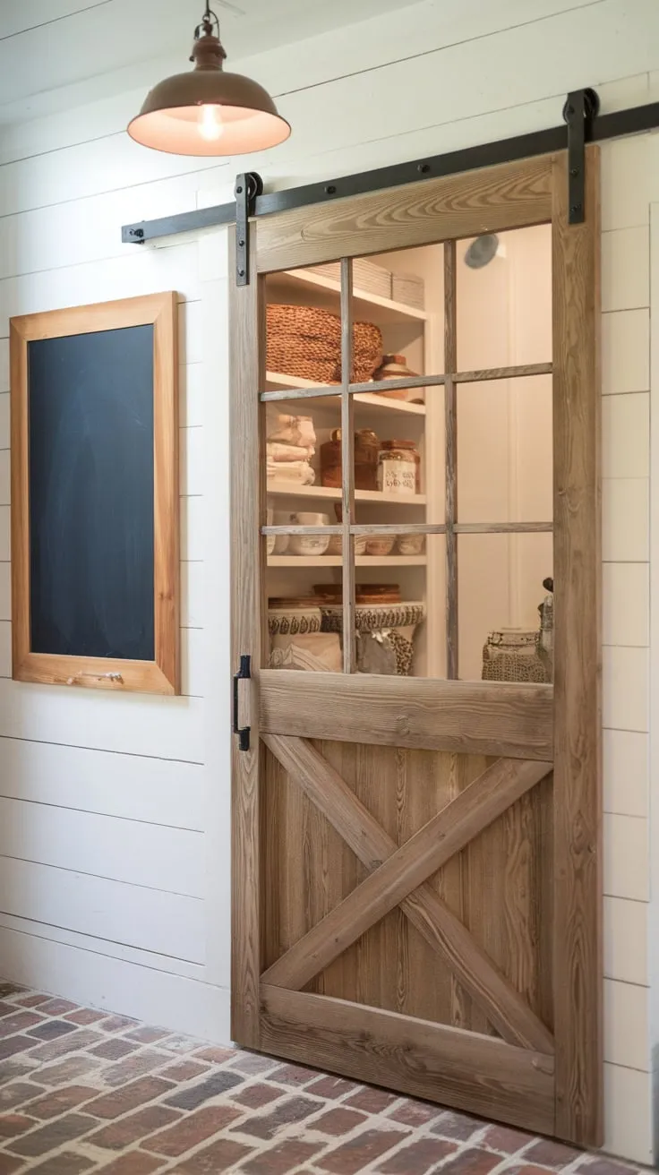 Rustic charm fills the farmhouse kitchen with a glass-paneled pantry door, vintage lighting, and brick flooring, complemented by a chalkboard wall.
