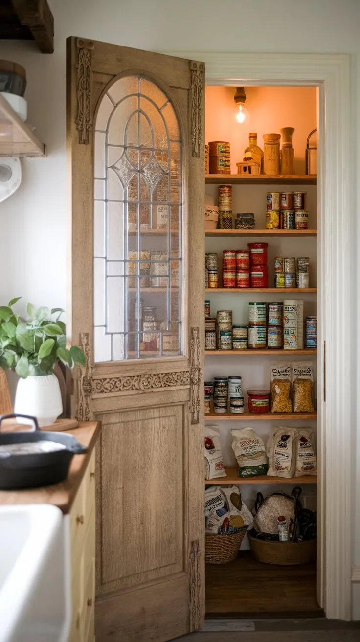Intricate carvings and a glimpse of organized goods highlight the inviting allure of a vintage farmhouse pantry door.