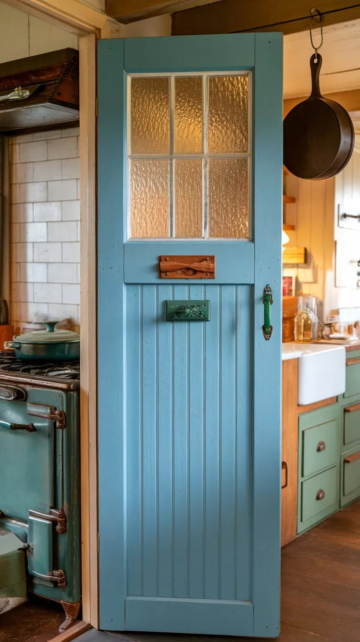A blue-painted farmhouse pantry door, complete with glass and a green handle, beckons into a warmly lit kitchen scene.