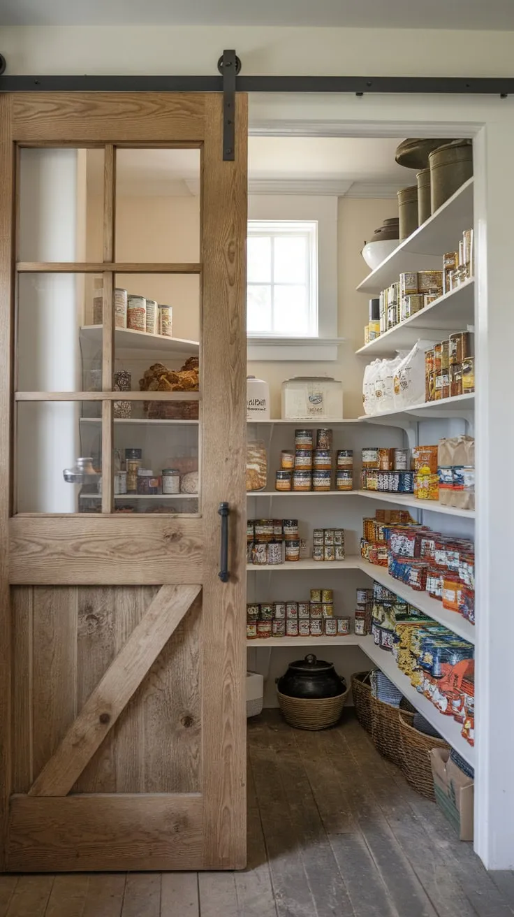 Rustic charm meets practical storage in a farmhouse pantry featuring a wooden door with a glass pane showcasing its well-stocked shelves.