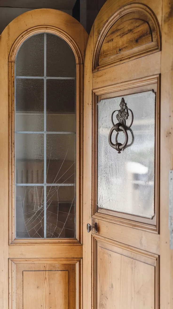 A well-lit farmhouse pantry boasts a charming vintage wooden door with a glass panel, iron knocker, and subtle signs of age adding to its rustic appeal