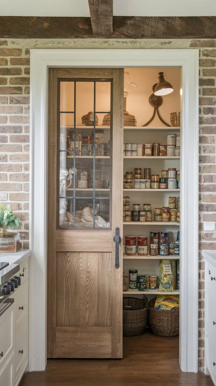 A rustic farmhouse kitchen's charming wooden pantry door, topped with glass, reveals a well-stocked interior bathed in vintage lamplight