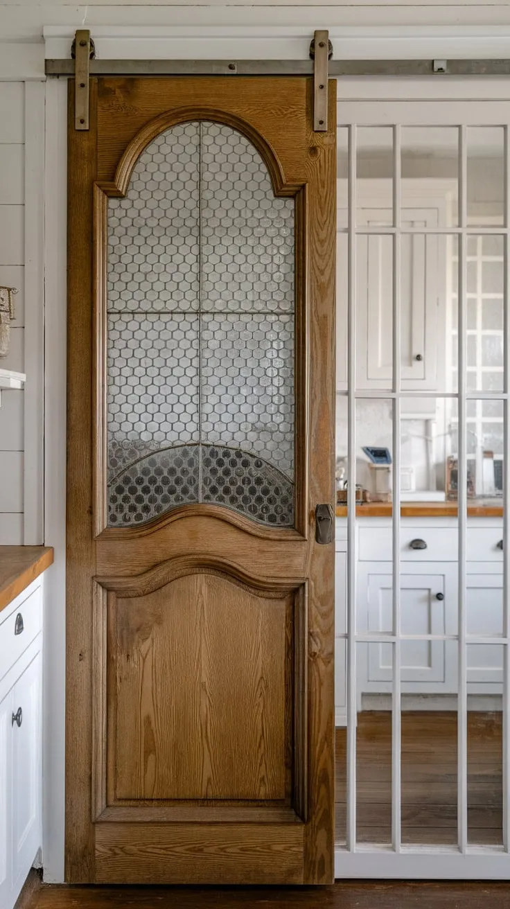 A charming vintage farmhouse pantry door with a curved top, glass circles, and a unique design was replaced by a modern sliding glass door in a bright white kitchen.