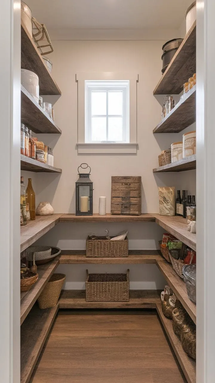 This dreamy walk-in pantry harmoniously blends organized chaos with rustic charm, featuring warm wood floors, bright white walls, and shelves brimming with culinary treasures.