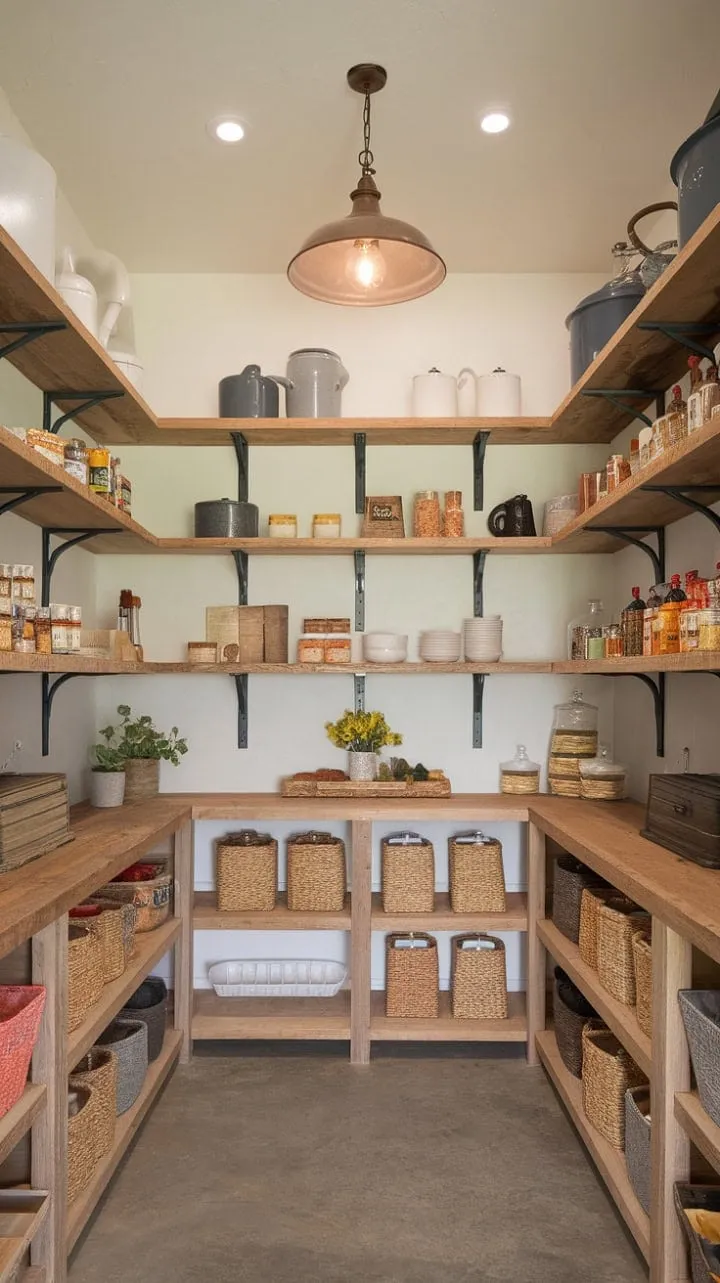 In this dreamy walk-in pantry, rustic charm and organized chaos unite under a vintage light fixture, transforming simple ingredients into extraordinary meals.
