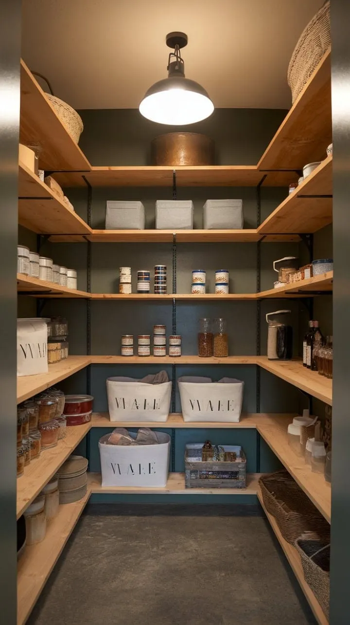 This stunning walk-in pantry, with its dark green walls and warm wood shelving, is a functional paradise for any home chef.