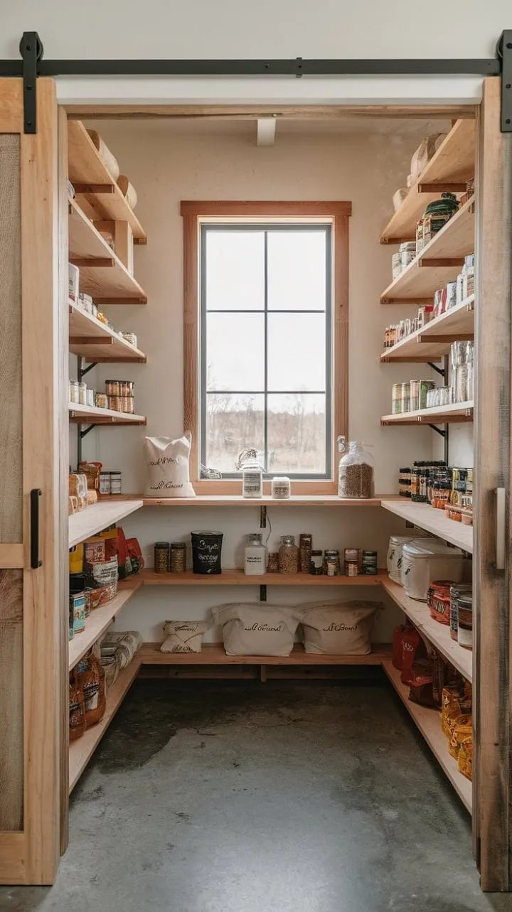 This sunlit modern rustic pantry combines functionality and charm, featuring wooden shelves brimming with ingredients against a backdrop of simple concrete and exposed walls, inviting endless culinary creativity.