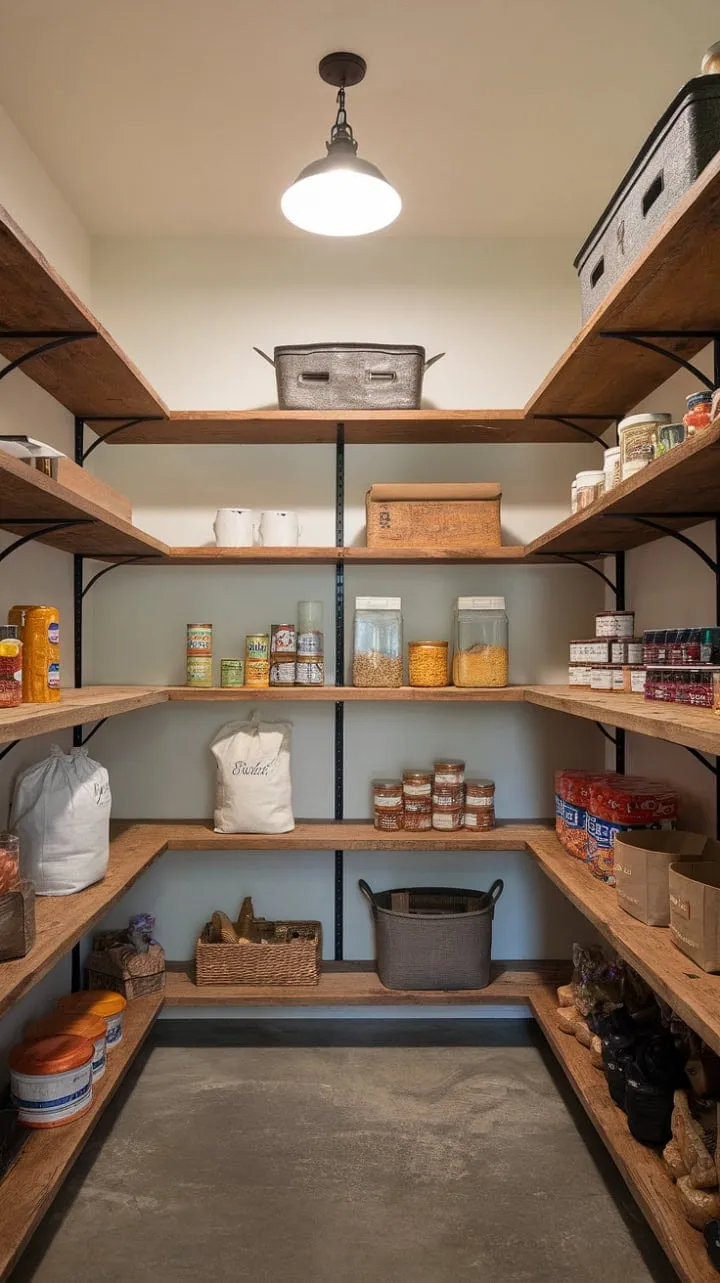 This dreamy walk-in pantry blends organized chaos with modern farmhouse charm, showcasing rustic wooden shelves filled with essentials that elevate both functionality and aesthetics.