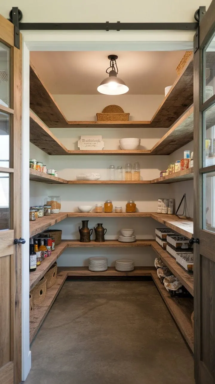 This enchanting walk-in pantry harmoniously combines rustic charm and practical organization, showcasing distressed wood shelves that elevate both style and functionality in a farmhouse kitchen.
