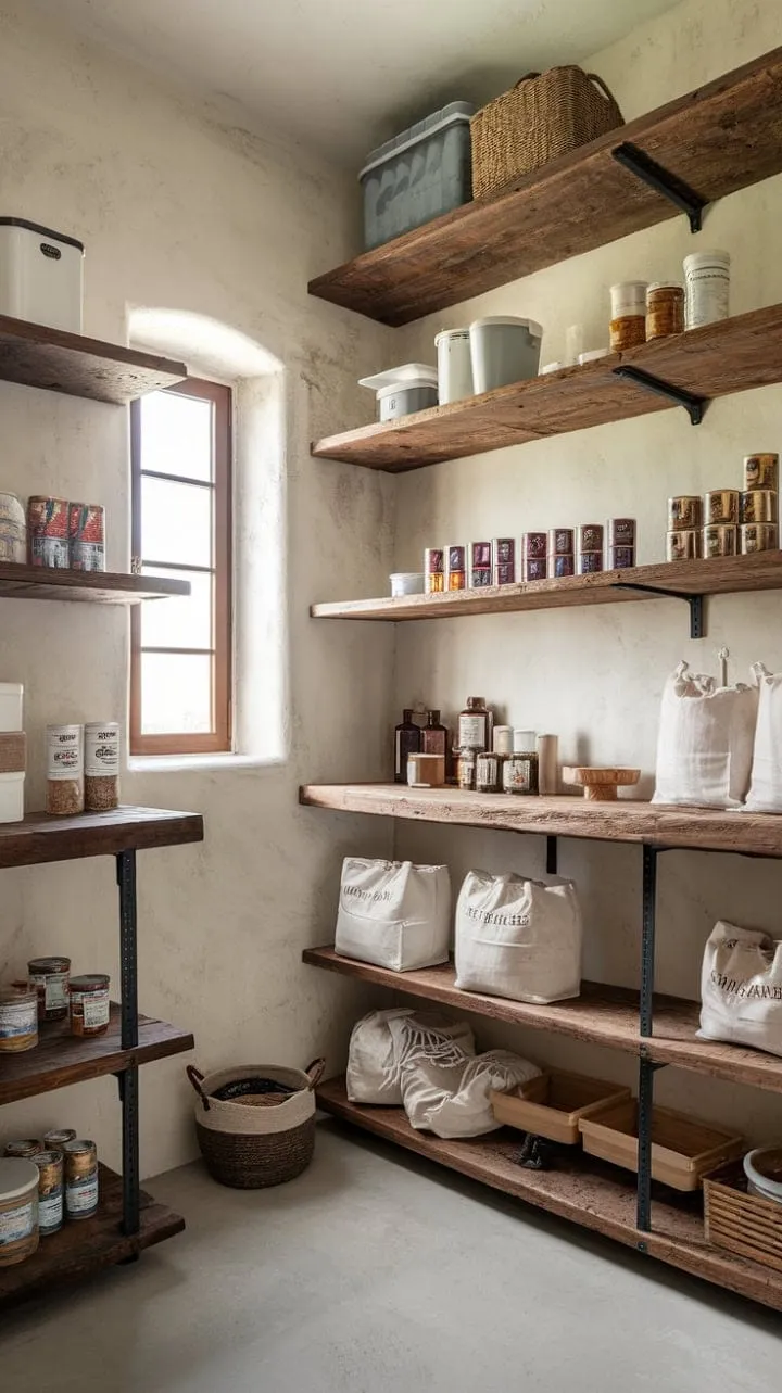 Sunlight dances through the window, revealing a beautifully organized farmhouse pantry that harmoniously blends rustic charm with culinary inspiration.